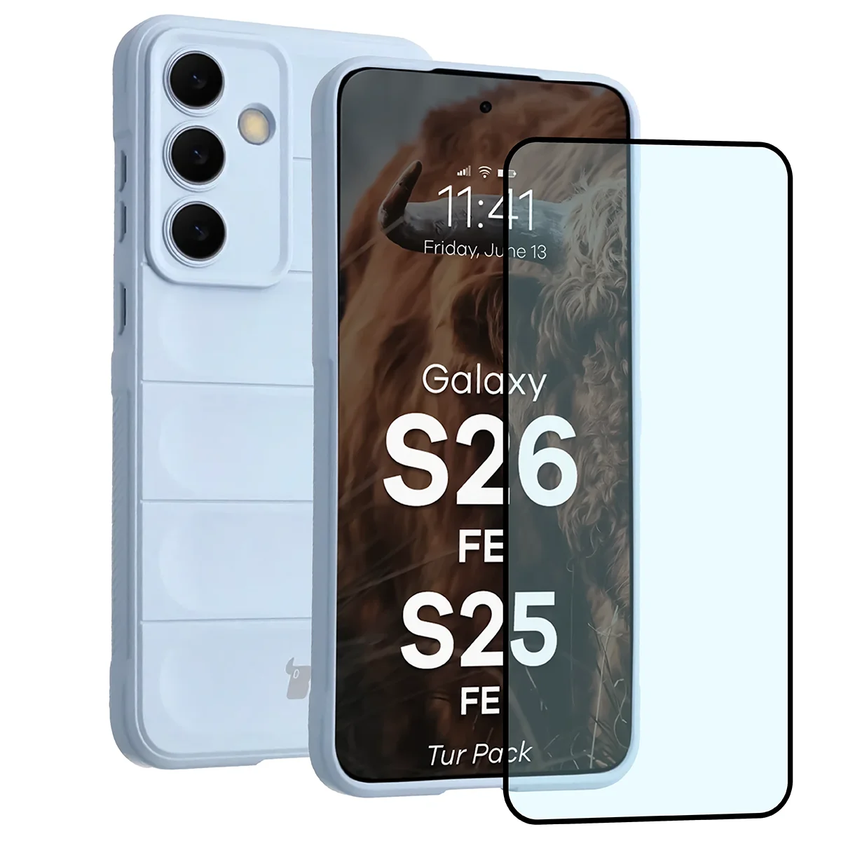 Przód pudełka Bizon Tur Pack z dedykowaną etykietą do Galaxy S25 FE, Galaxy S26 FE