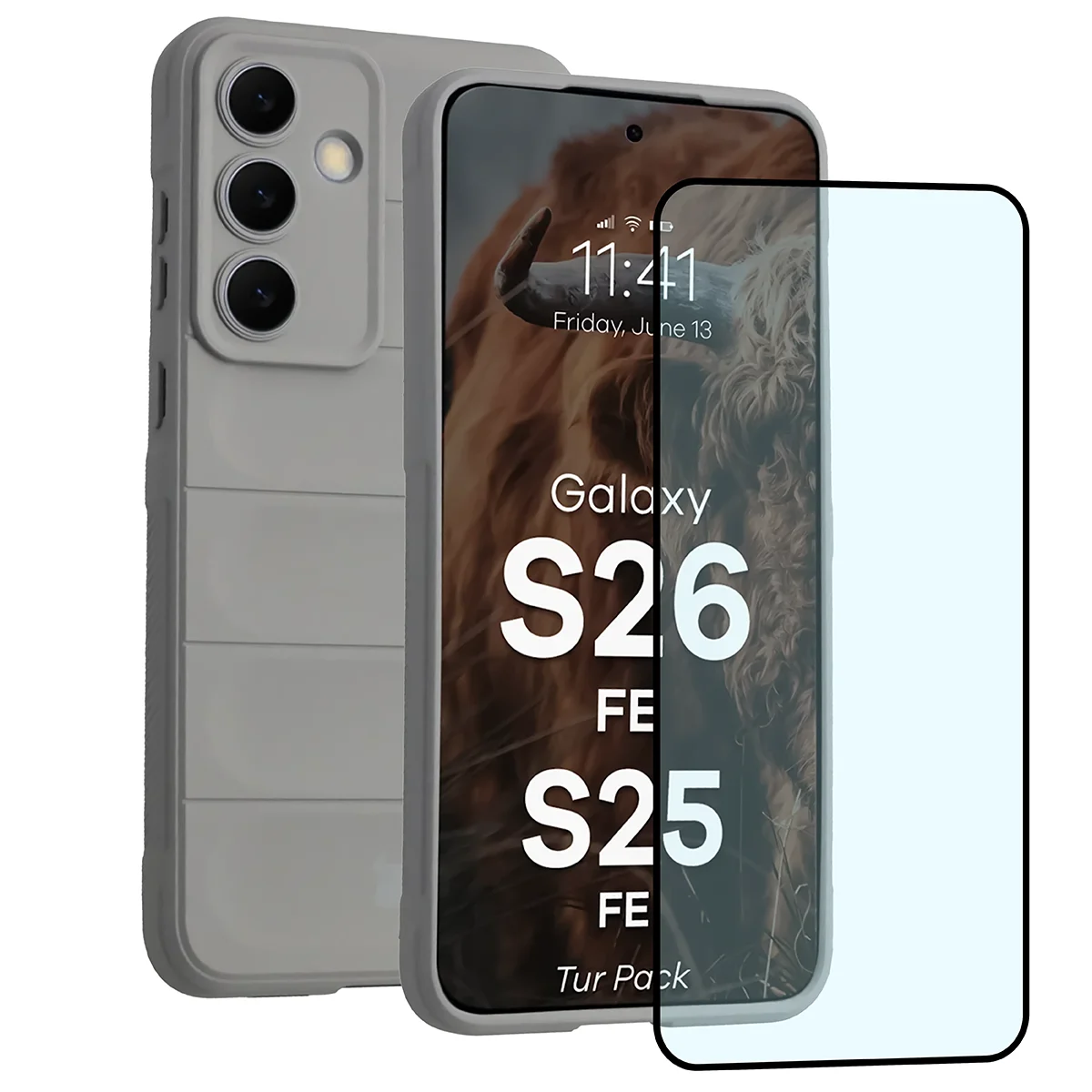 Przód pudełka Bizon Tur Pack z dedykowaną etykietą do Galaxy S25 FE, Galaxy S26 FE
