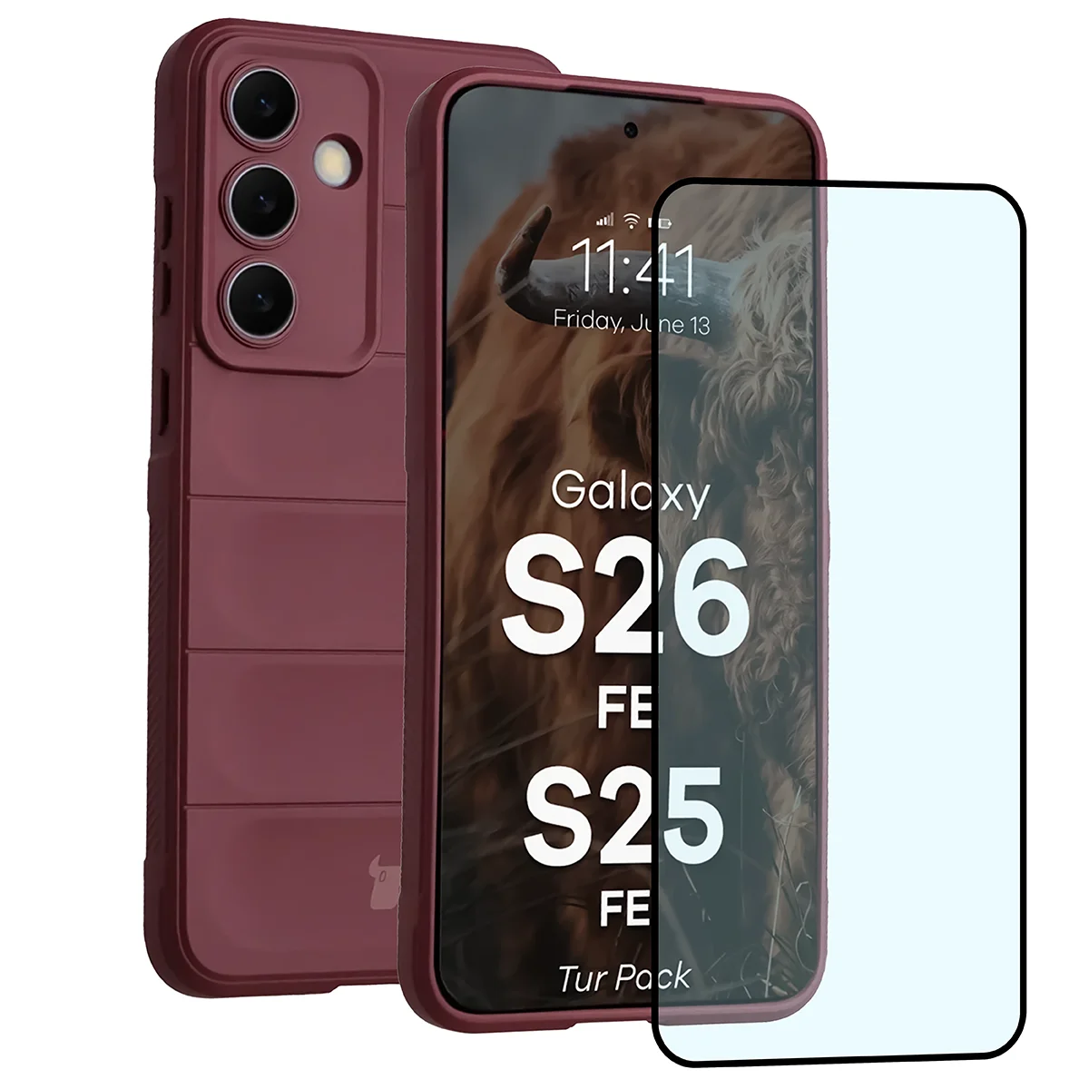 Przód pudełka Bizon Tur Pack z dedykowaną etykietą do Galaxy S25 FE, Galaxy S26 FE
