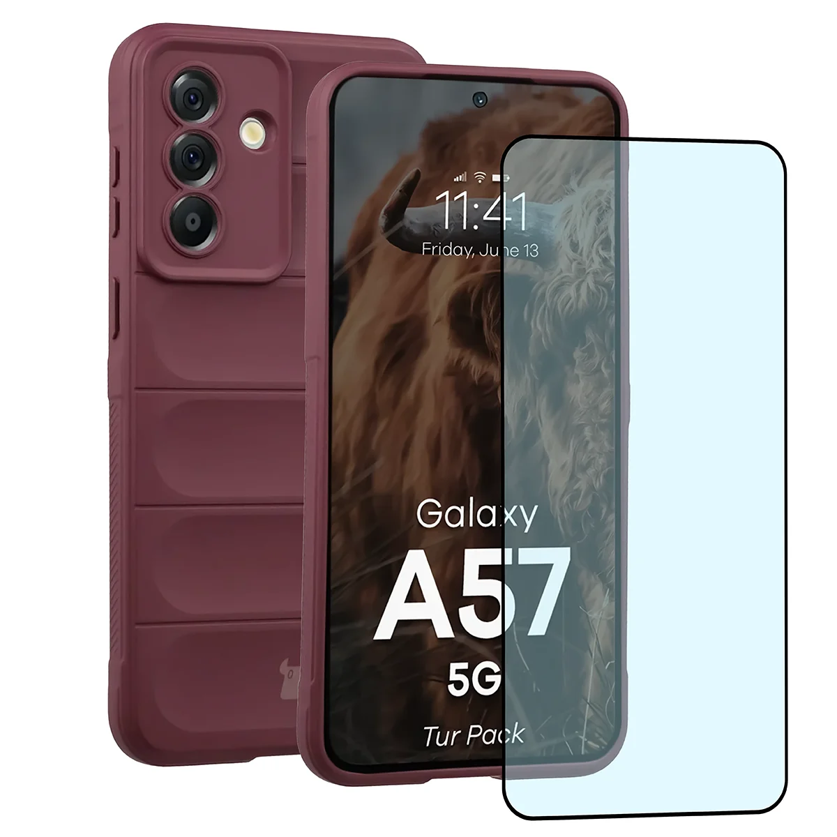 Przód pudełka Bizon Tur Pack z dedykowaną etykietą do Galaxy A57 5G