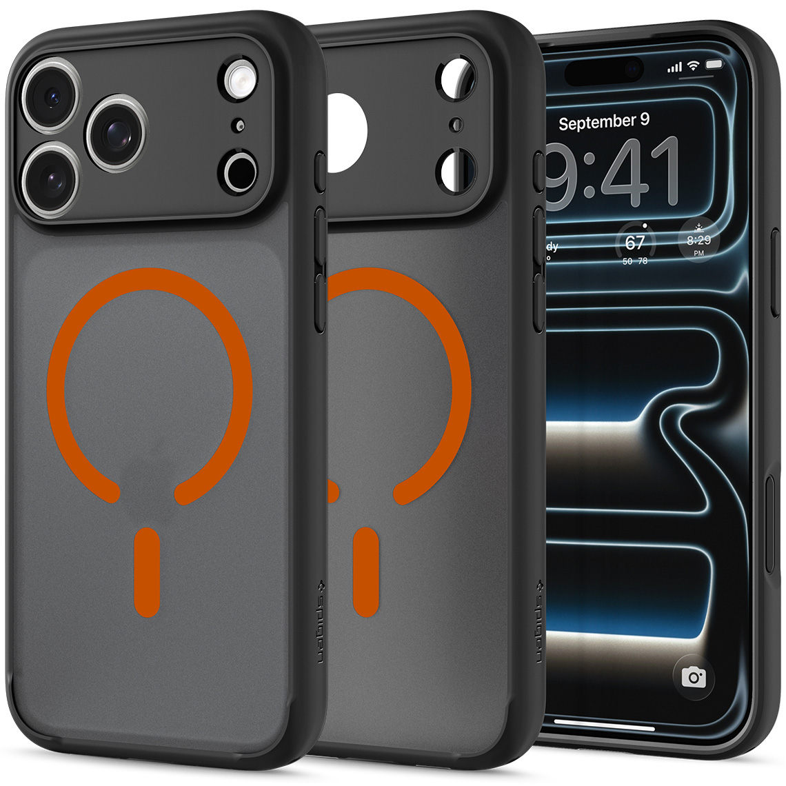 Etui Spigen Ultra Hybrid Mag z MagSafe do iPhone 18 Pro Max, Frost Black Orange (kolor etui: przydymiony półprzezroczysty frost / kolor ramki: czarny / kolor pierścienia: pomarańczowy)