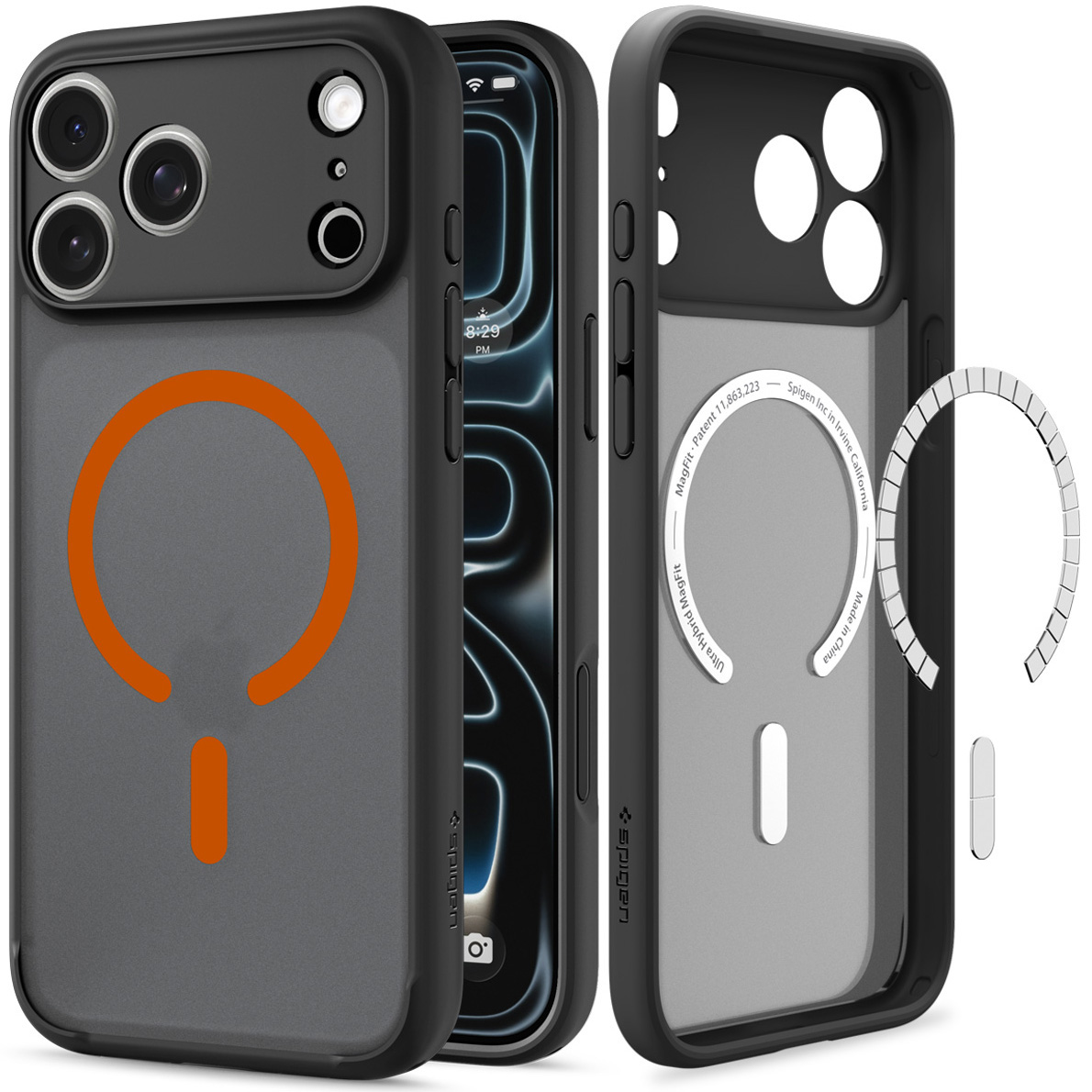 Etui Spigen Ultra Hybrid Mag z MagSafe do iPhone 18 Pro Max, Frost Black Orange (kolor etui: przydymiony półprzezroczysty frost / kolor ramki: czarny / kolor pierścienia: pomarańczowy)