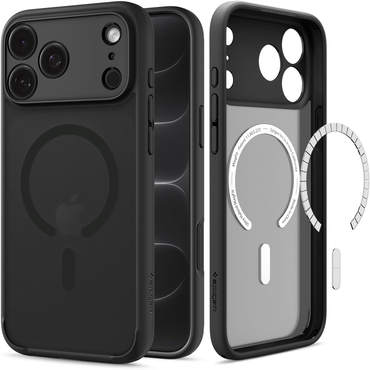 Etui Spigen Ultra Hybrid Mag z MagSafe do iPhone 18 Pro, Frost Black (kolor etui: przydymiony półprzezroczysty frost / kolor ramki: czarny / kolor pierścienia: czarny)