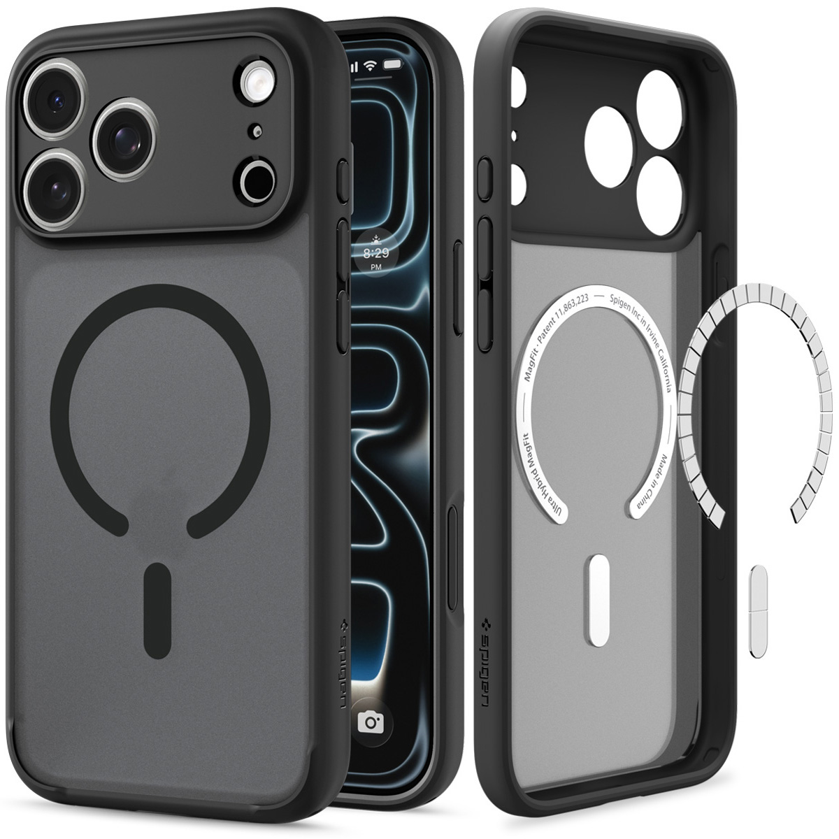 Etui Spigen Ultra Hybrid Mag z MagSafe do iPhone 18 Pro, Frost Black (kolor etui: przydymiony półprzezroczysty frost / kolor ramki: czarny / kolor pierścienia: czarny)