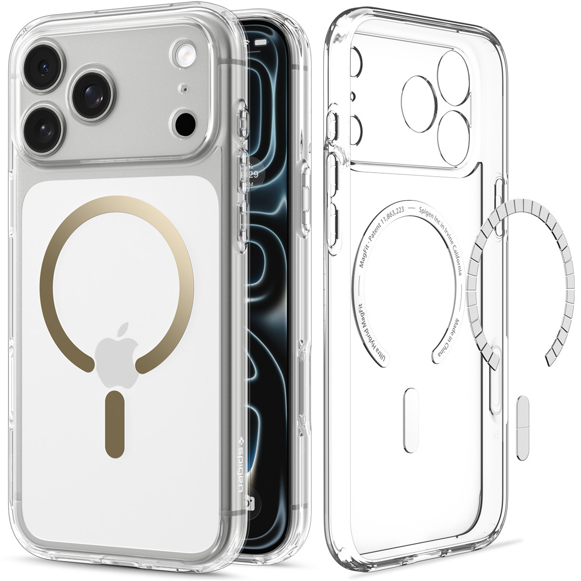 Etui Spigen Ultra Hybrid Mag z MagSafe do iPhone 18 Pro Max, Clear Gold (przezroczysty ze złotym pierścieniem magnetycznym)