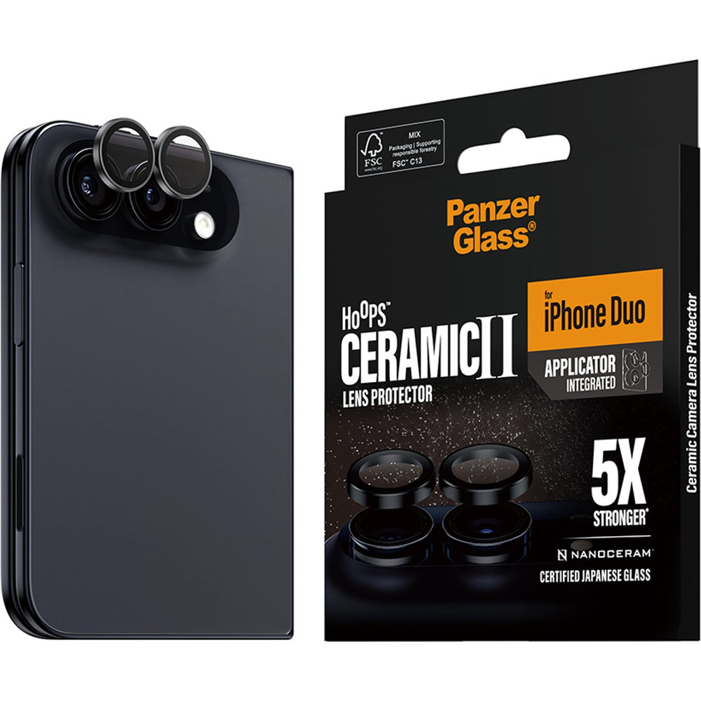 Pojedyncze lensy ze szkła ceramicznego i aluminium na aparat z aplikatorem PanzerGlass Hoops Ceramic II do iPhone Duo