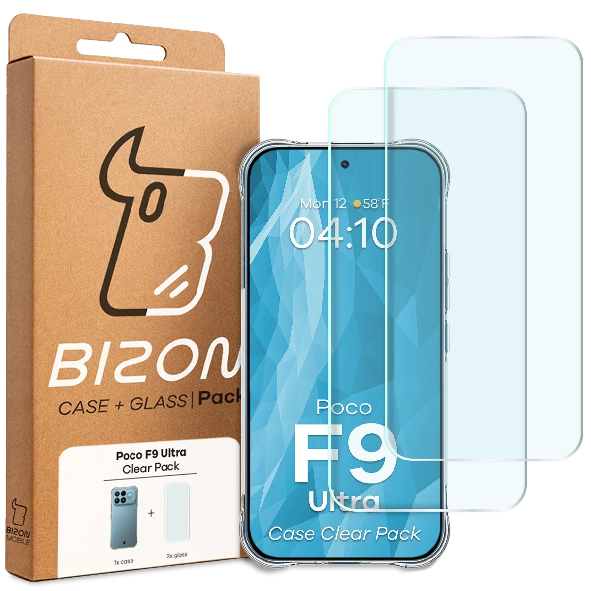 Przód pudełka Bizon Case+Glass z dedykowaną etykietą do Xiaomi POCO F9 Ultra
