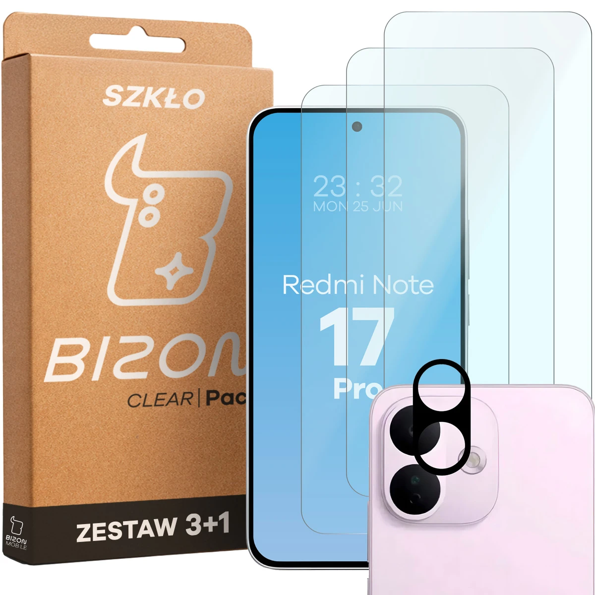 Pudełko i zestaw szkieł do Xiaomi Redmi Note 17 Pro 5G: 3x szkło hartowane i lens