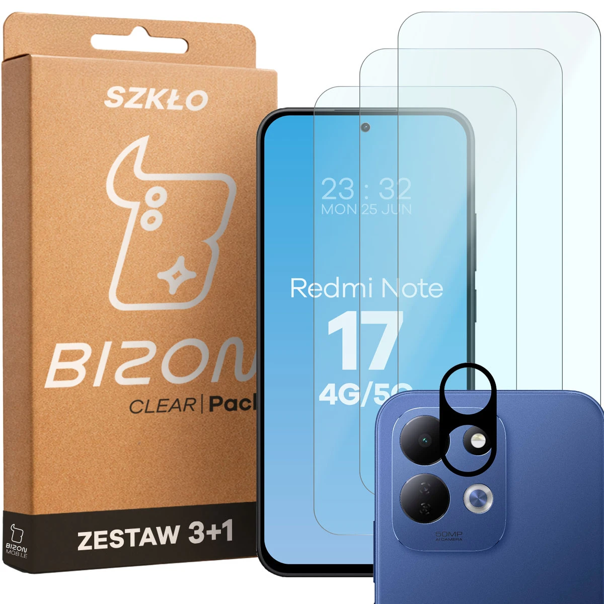 Pudełko i zestaw szkieł do Xiaomi Redmi Note 17 5G / 4G: 3x szkło hartowane i lens