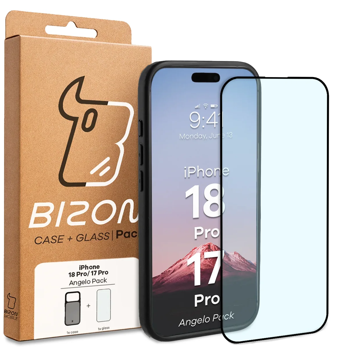 Przód pudełka Bizon Case Angelo Pack z dedykowaną etykietą do iPhone 18 Pro / 17 Pro