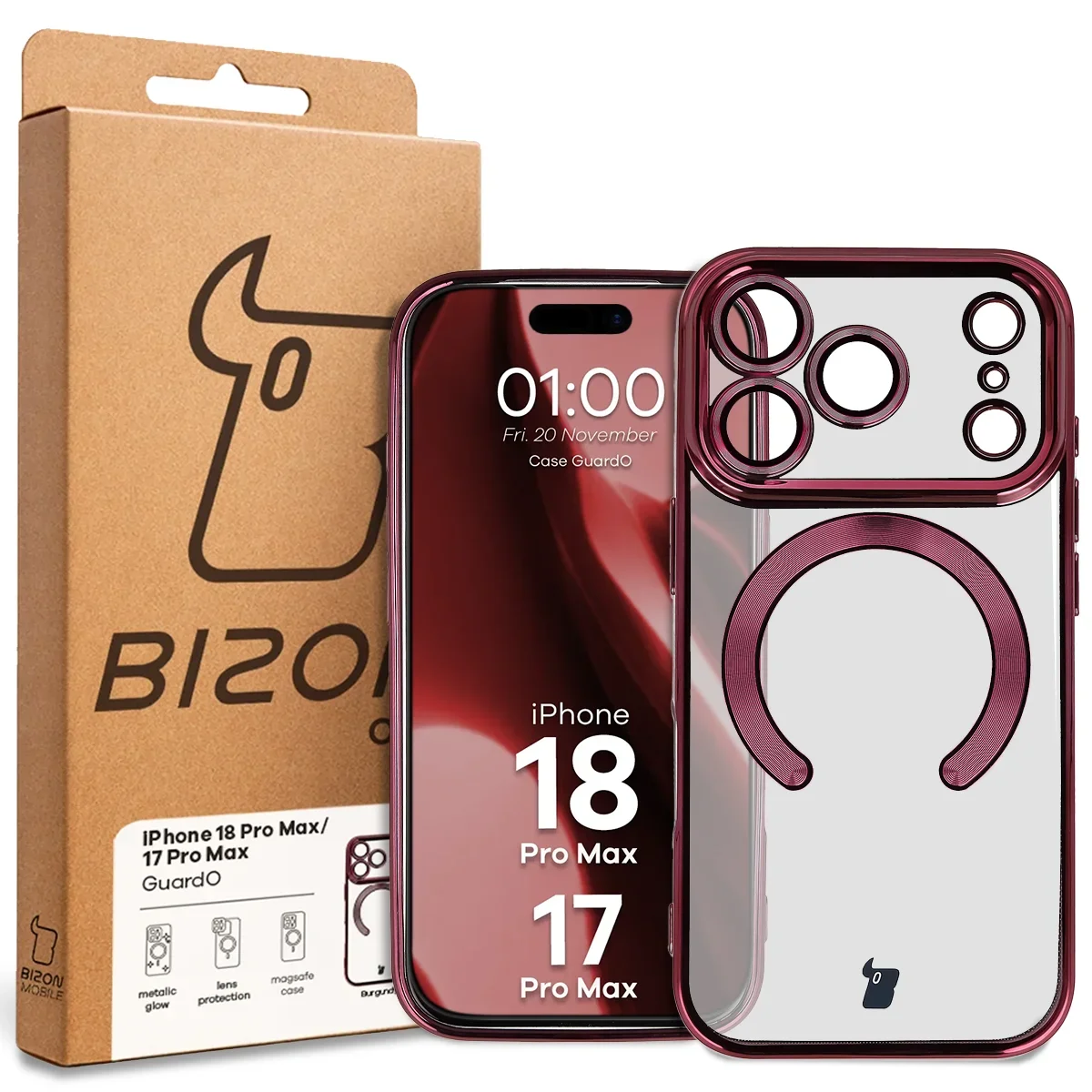 Przód pudełka Bizon Case z dedykowaną etykietą do iPhone 18 Pro Max / 17 Pro Max