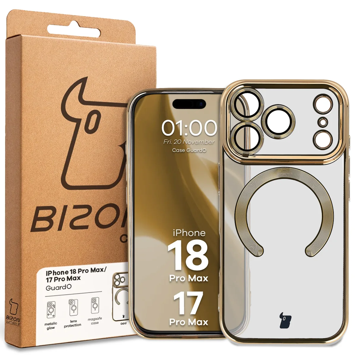 Przód pudełka Bizon Case z dedykowaną etykietą do iPhone 18 Pro Max / 17 Pro Max