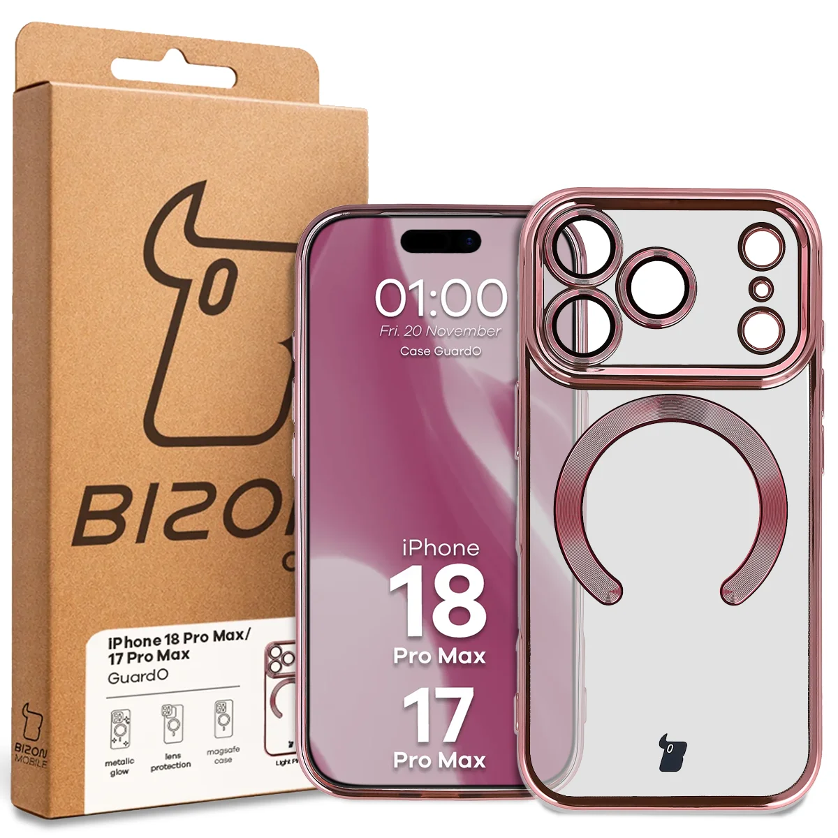Przód pudełka Bizon Case z dedykowaną etykietą do iPhone 18 Pro Max / 17 Pro Max