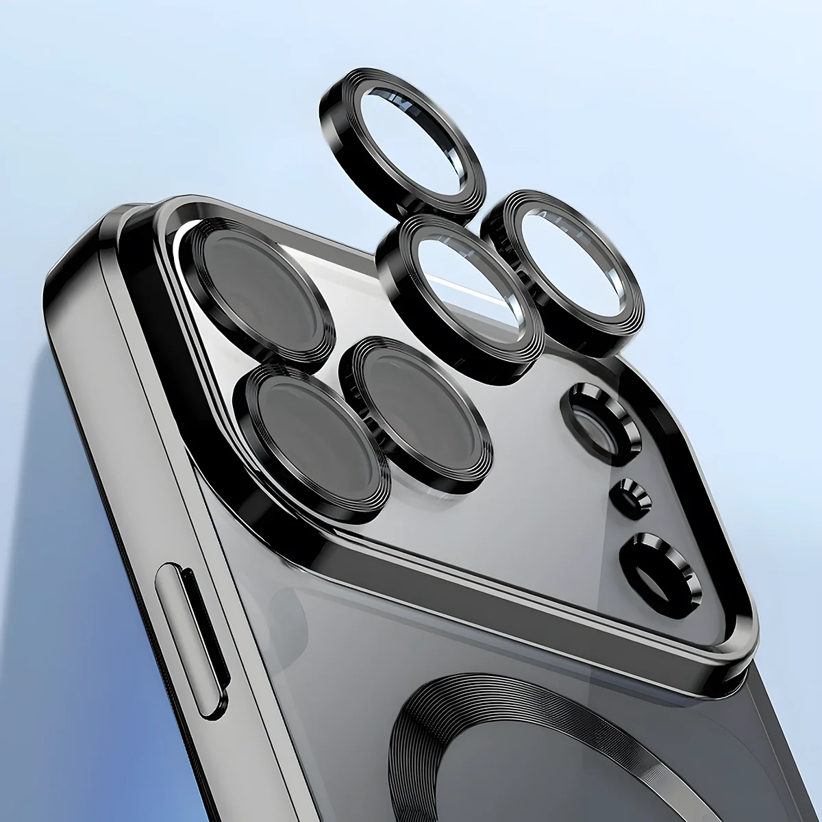 Zbliżenie na wbudowaną ochronę aparatu w Bizon Case GuardO do iPhone 18 Pro Max / 17 Pro Max