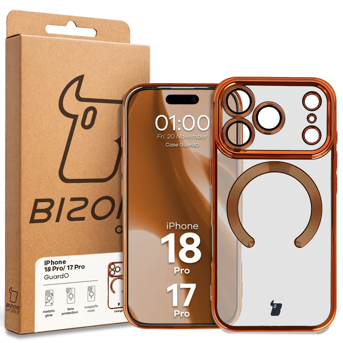 Przód pudełka Bizon Case z dedykowaną etykietą do iPhone 18 Pro / 17 Pro