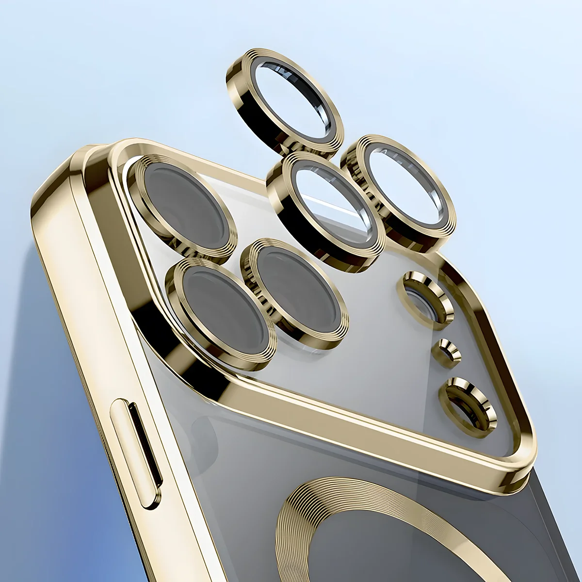 Zbliżenie na wbudowaną ochronę aparatu w Bizon Case GuardO do iPhone 18 Pro / 17 Pro