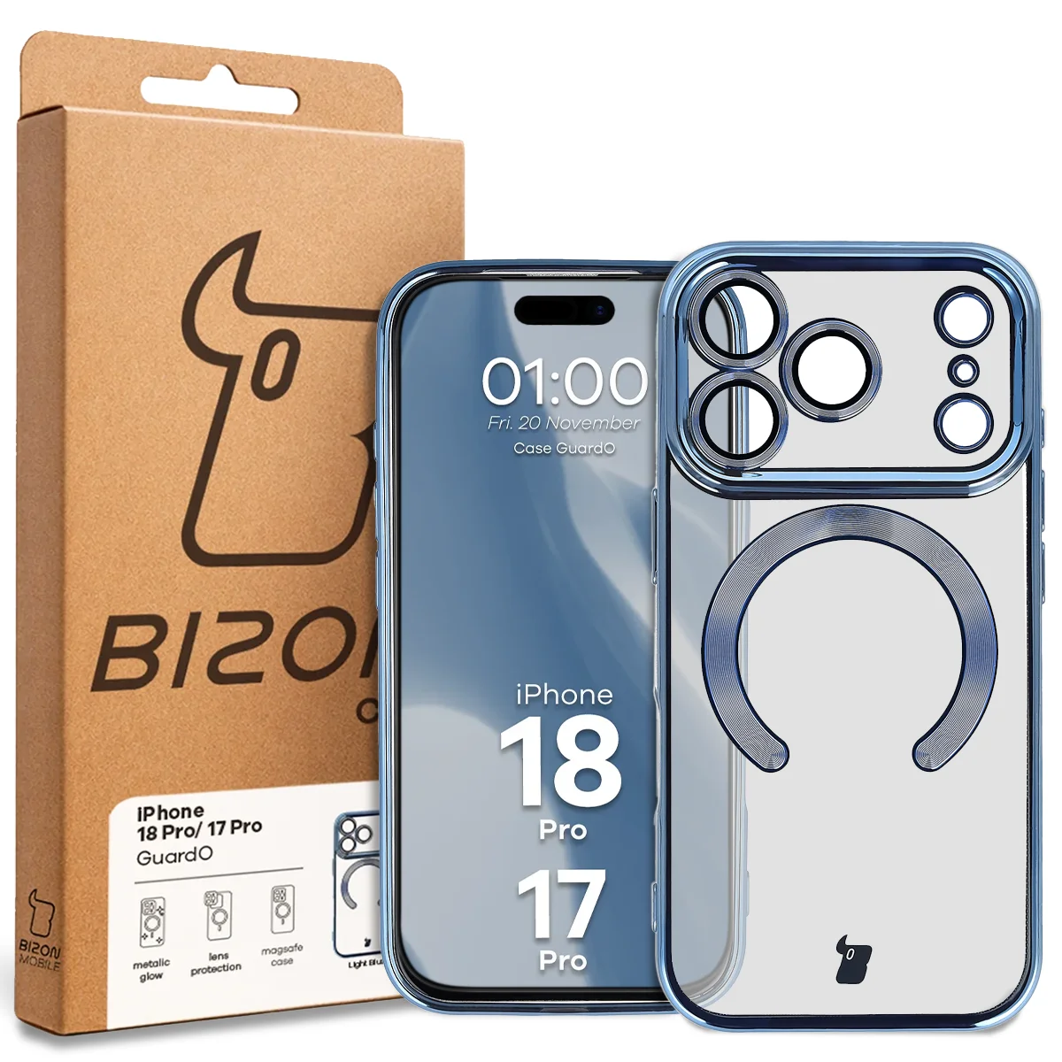 Przód pudełka Bizon Case z dedykowaną etykietą do iPhone 18 Pro / 17 Pro