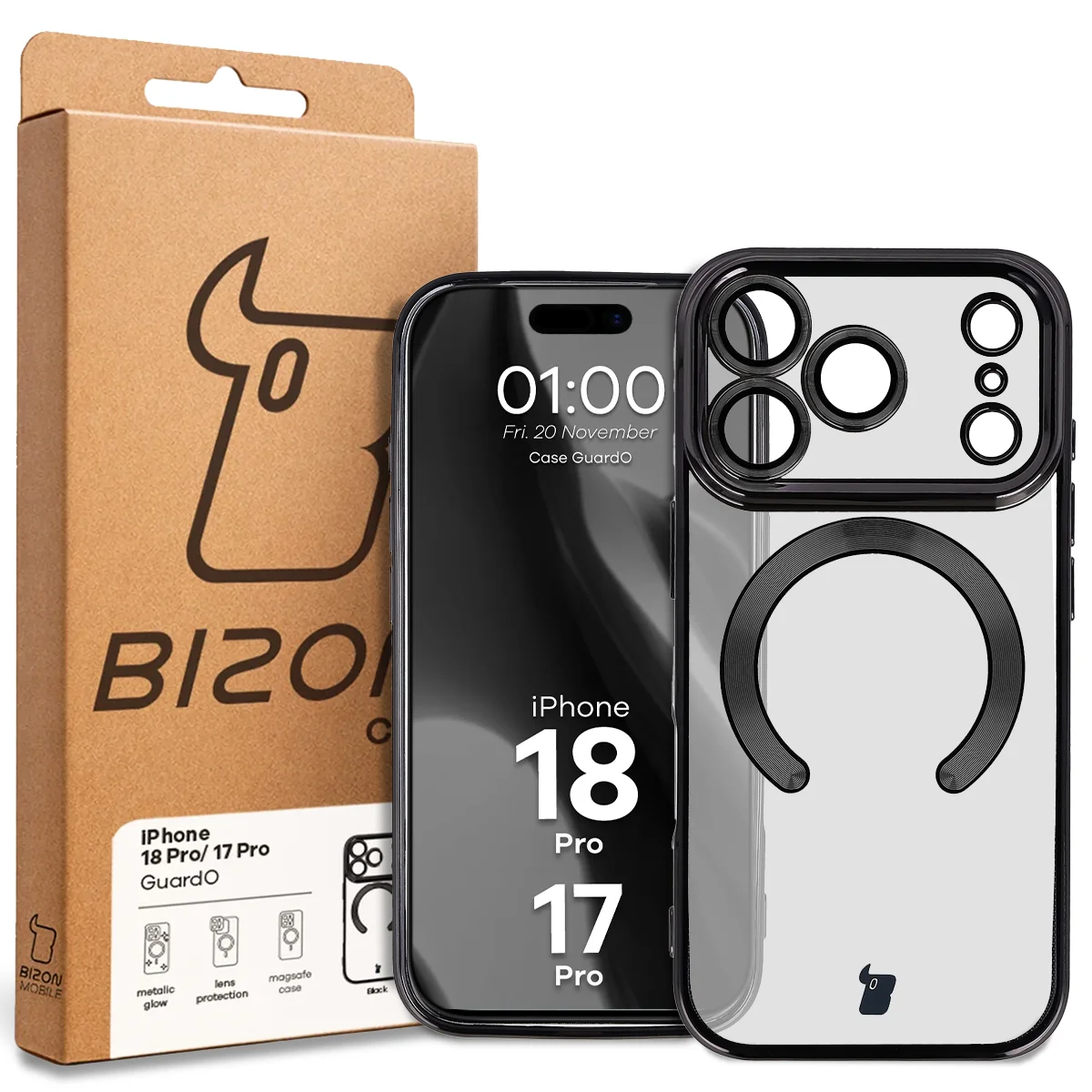 Przód pudełka Bizon Case z dedykowaną etykietą do iPhone 18 Pro / 17 Pro