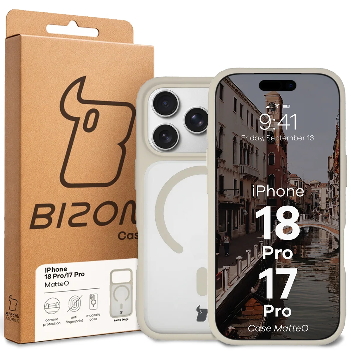 Przód pudełka Bizon Case z dedykowaną etykietą do iPhone 18 Pro / 17 Pro