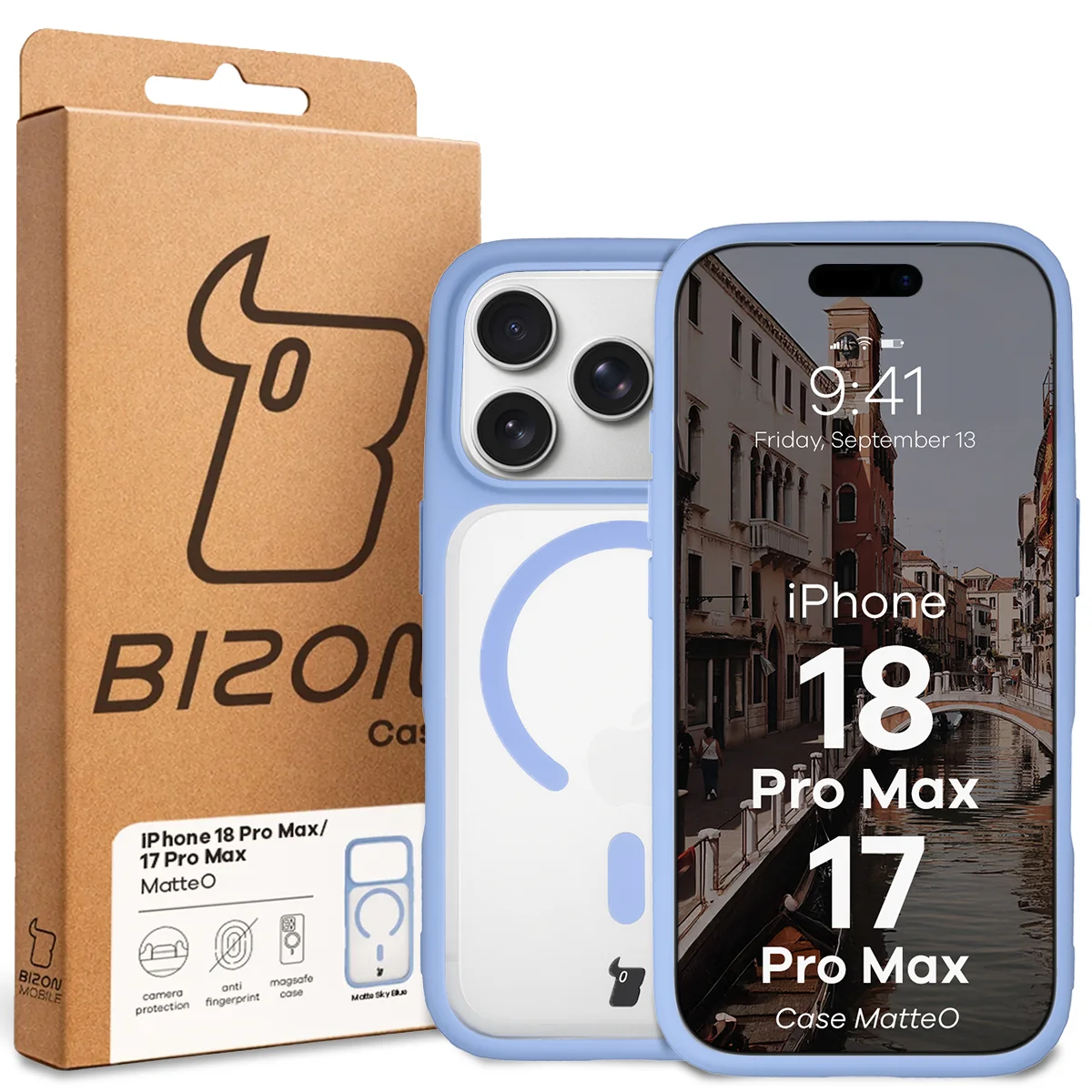 Przód pudełka Bizon Case z dedykowaną etykietą do iPhone 18 Pro Max / 17 Pro Max