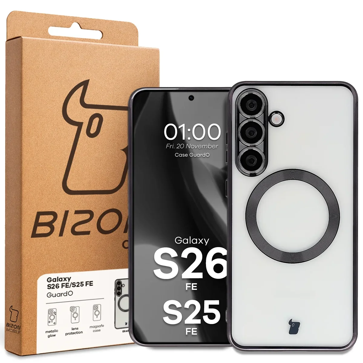 Przód pudełka Bizon Case z dedykowaną etykietą do Galaxy S25 FE, Galaxy S26 FE