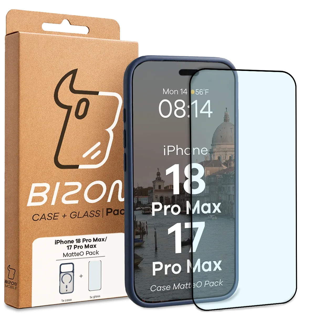 Przód pudełka Bizon Case Matteo Pack z dedykowaną etykietą do iPhone 18 Pro Max / 17 Pro Max