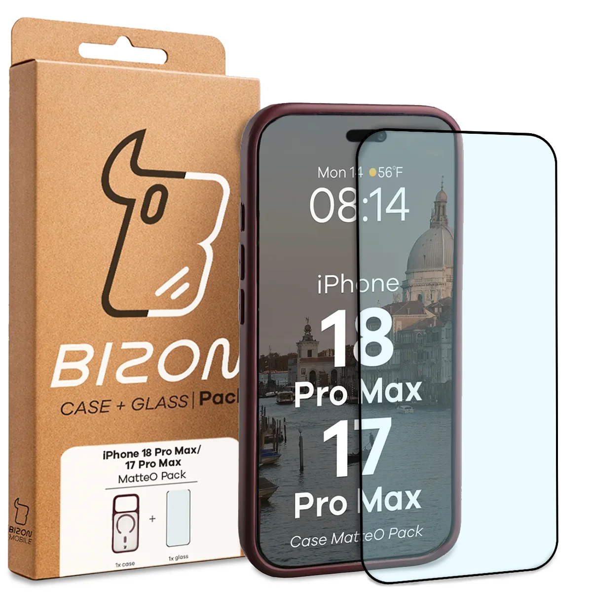 Przód pudełka Bizon Case Matteo Pack z dedykowaną etykietą do iPhone 18 Pro Max / 17 Pro Max