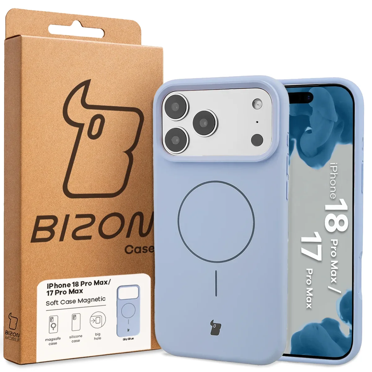 Przód pudełka Bizon Case z dedykowaną etykietą do iPhone 18 Pro Max / 17 Pro Max