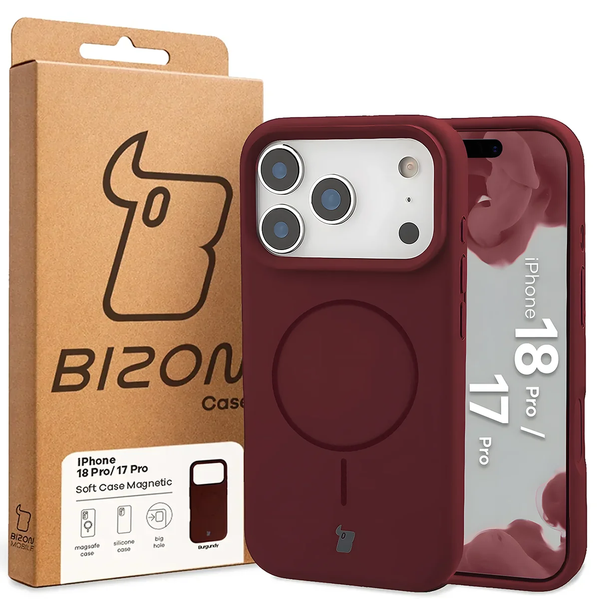 Przód pudełka Bizon Case z dedykowaną etykietą do iPhone 18 Pro / 17 Pro