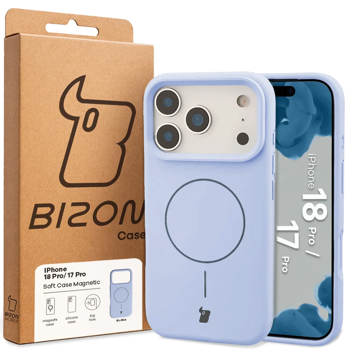 Przód pudełka Bizon Case z dedykowaną etykietą do iPhone 18 Pro / 17 Pro