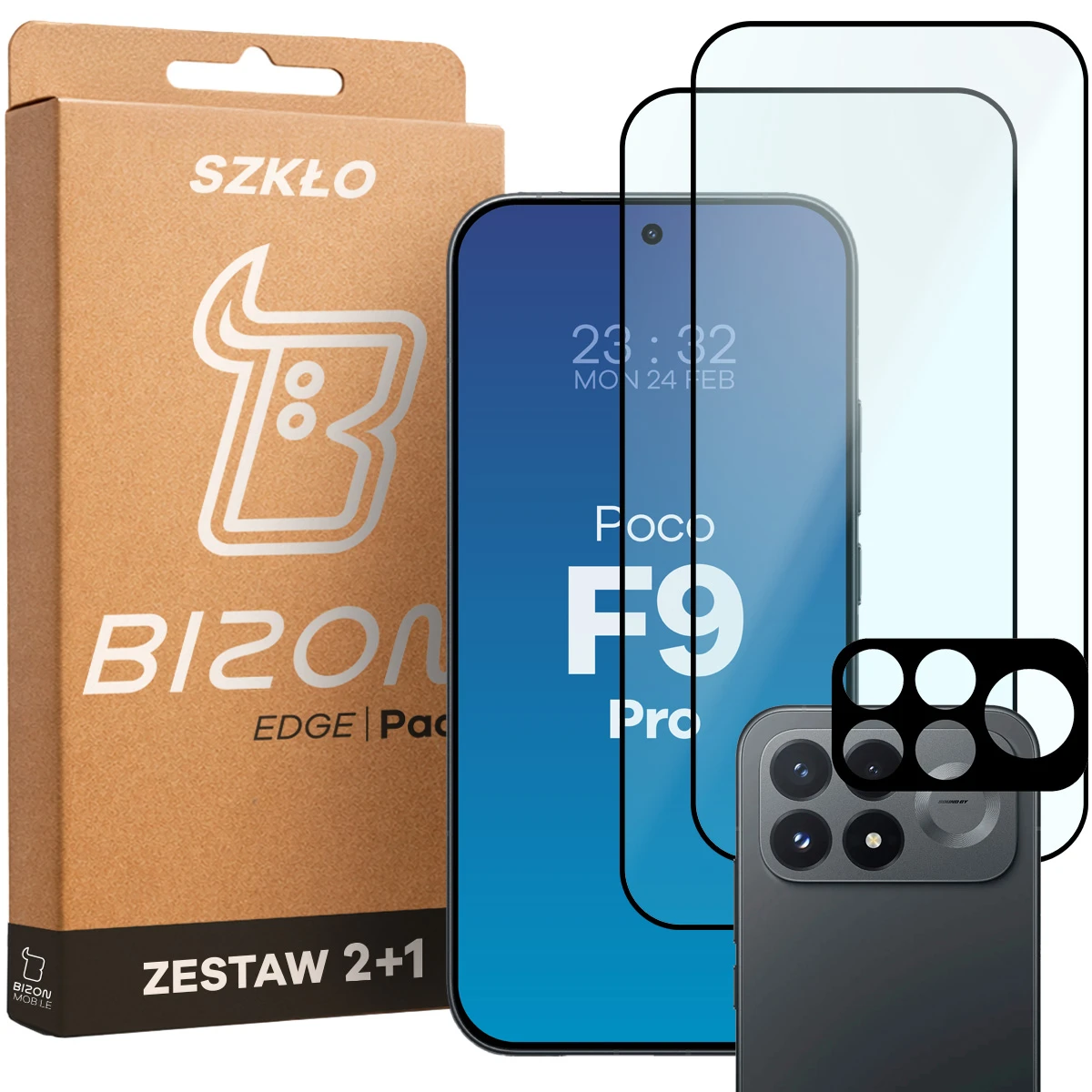 Pudełko i zestaw szkieł do Xiaomi POCO F9 Pro: 2x szkło hartowane i lens