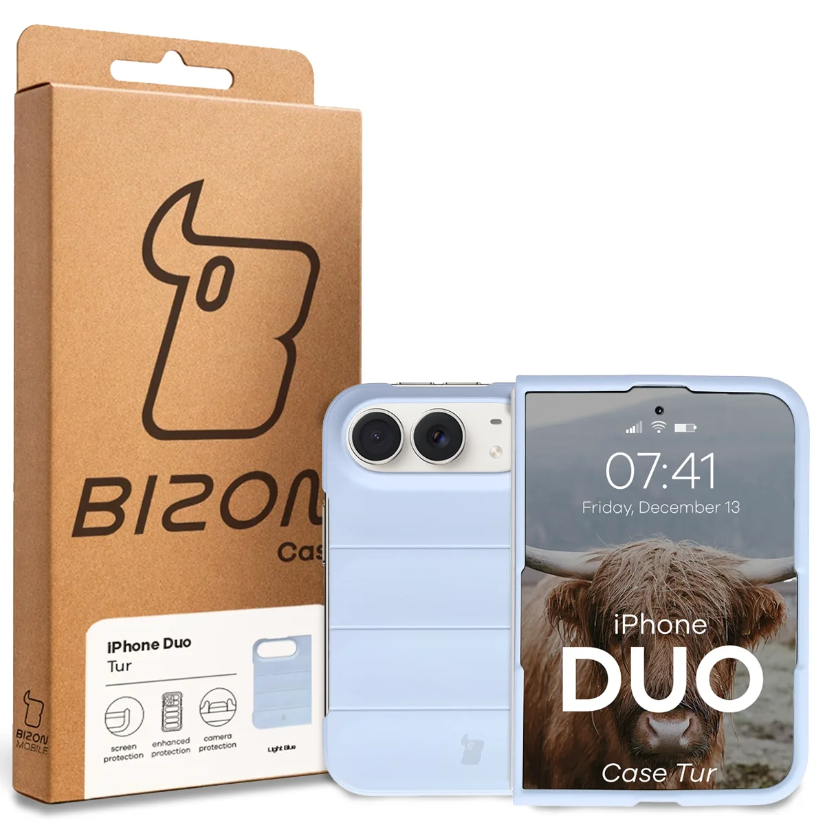 Przód pudełka Bizon Case z dedykowaną etykietą do iPhone Duo