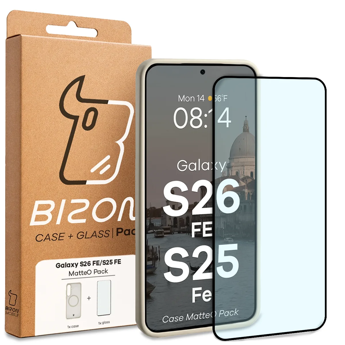 Przód pudełka Bizon Case Matteo Pack z dedykowaną etykietą do Galaxy S25 FE, Galaxy S26 FE