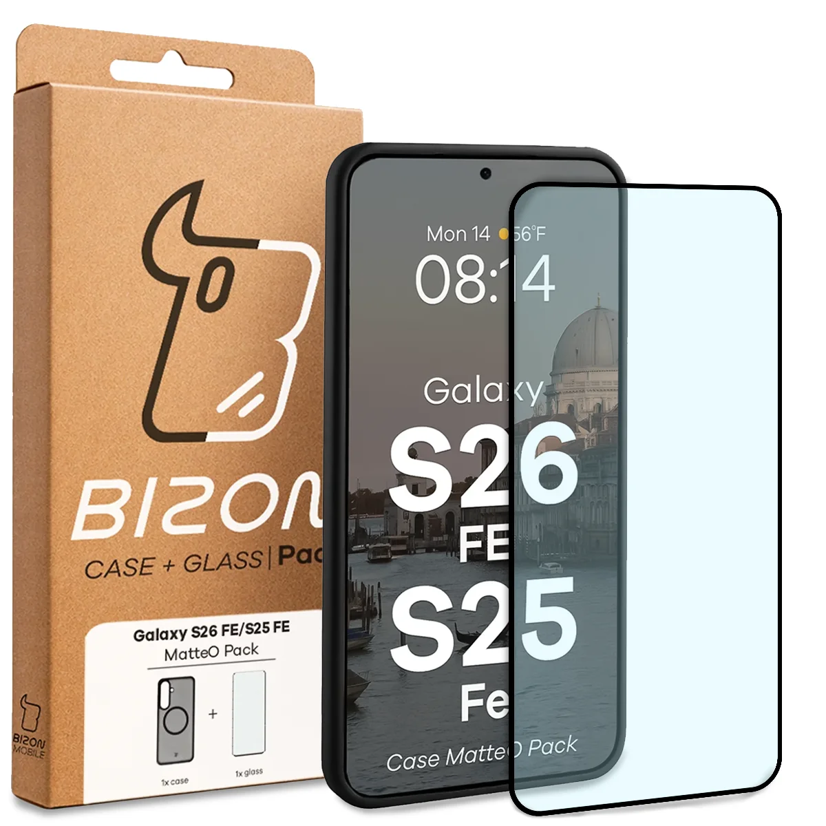 Przód pudełka Bizon Case Matteo Pack z dedykowaną etykietą do Galaxy S25 FE, Galaxy S26 FE