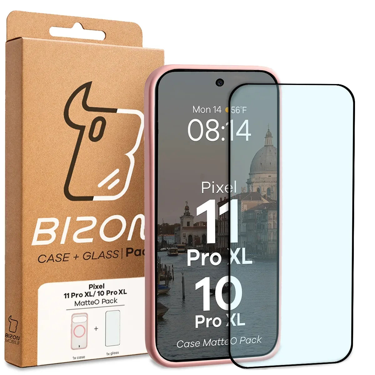 Przód pudełka Bizon Case Matteo Pack z dedykowaną etykietą do Google Pixel 10 Pro XL, Google Pixel 11 Pro XL