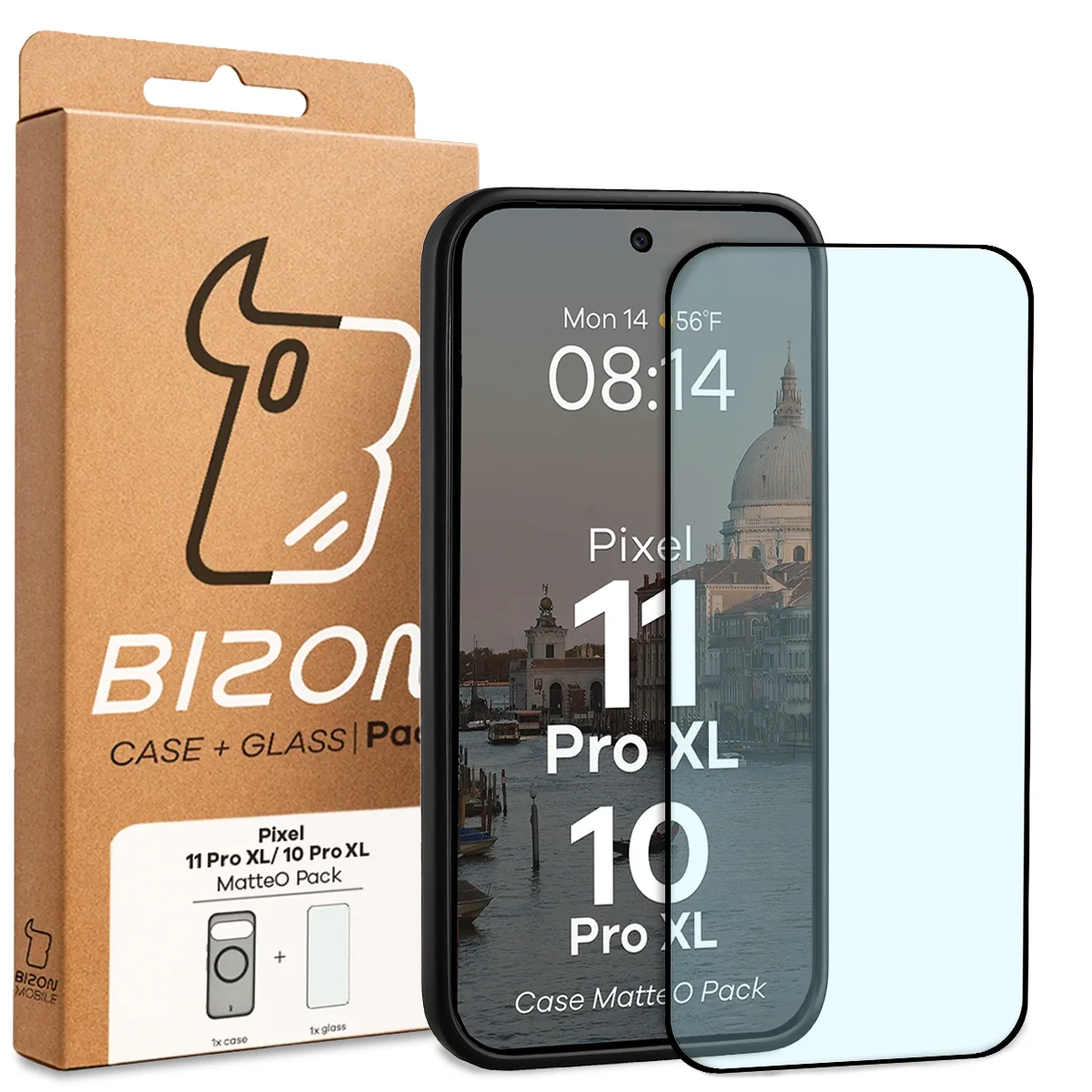 Przód pudełka Bizon Case Matteo Pack z dedykowaną etykietą do Google Pixel 10 Pro XL, Google Pixel 11 Pro XL