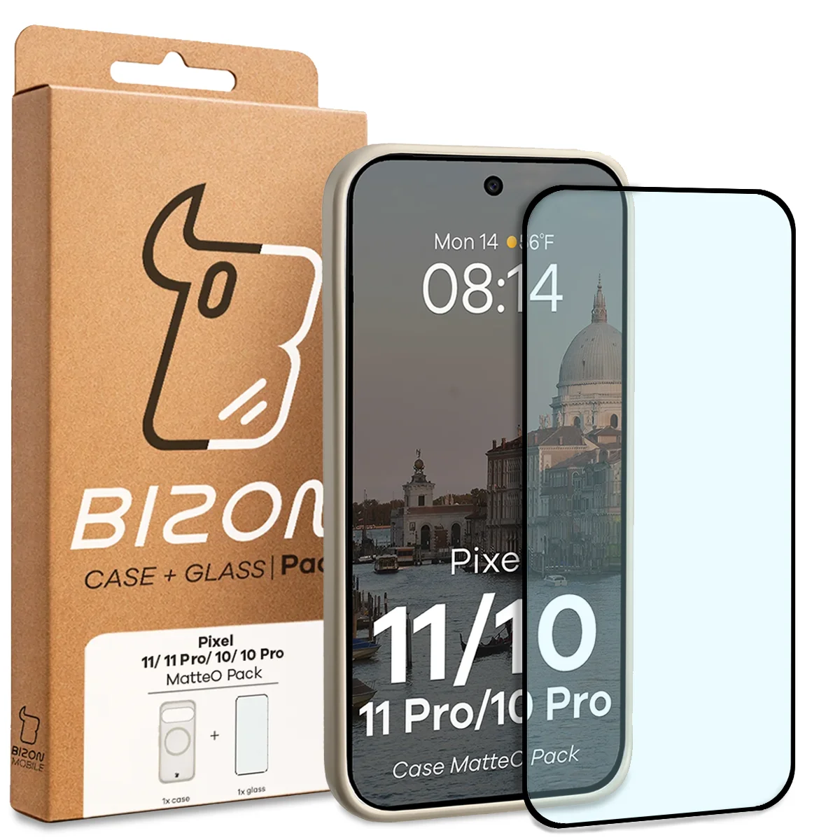 Przód pudełka Bizon Case Matteo Pack z dedykowaną etykietą do Google Pixel 10 Pro / Google Pixel 10, Google Pixel 11 Pro / Google Pixel 11