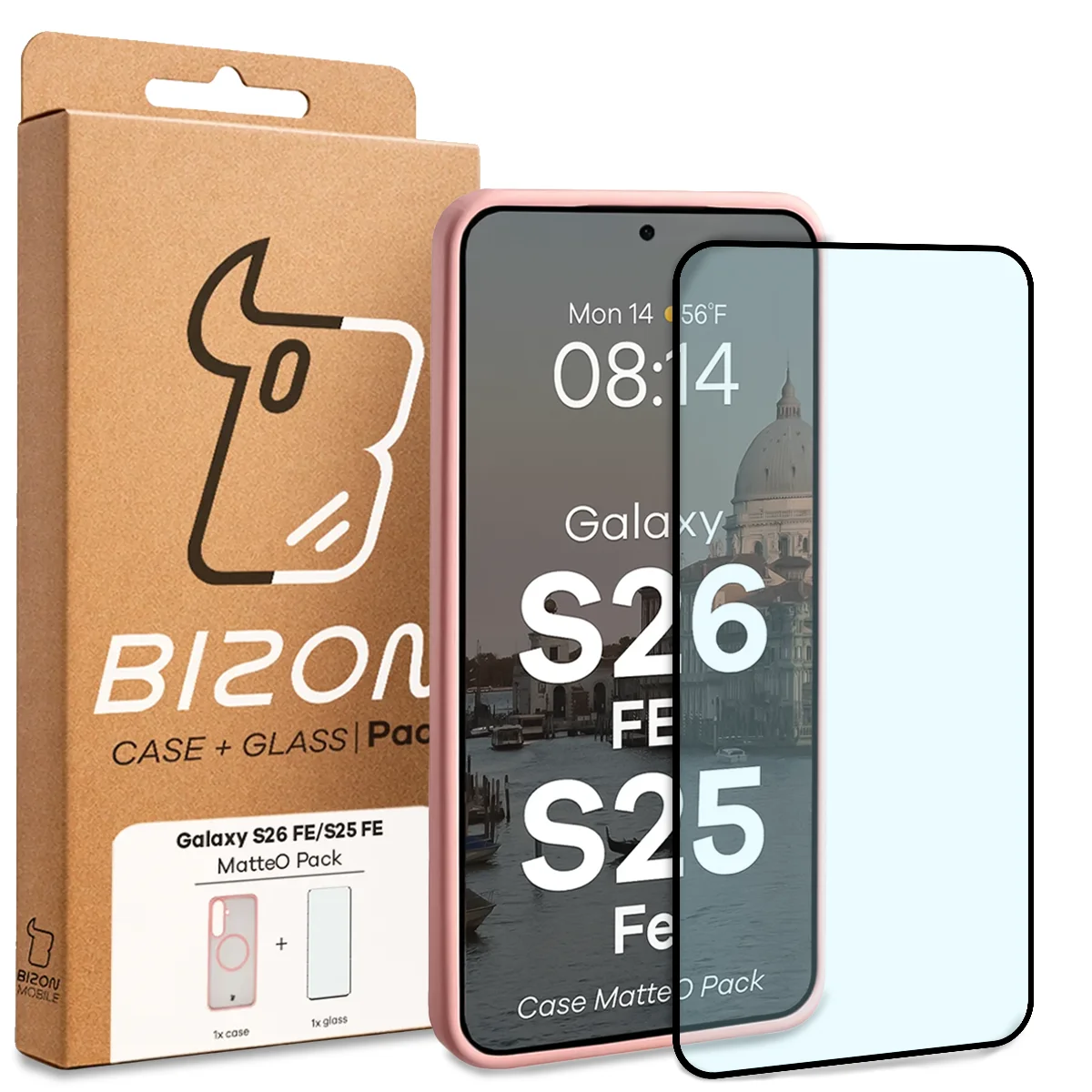 Przód pudełka Bizon Case Matteo Pack z dedykowaną etykietą do Galaxy S25 FE, Galaxy S26 FE