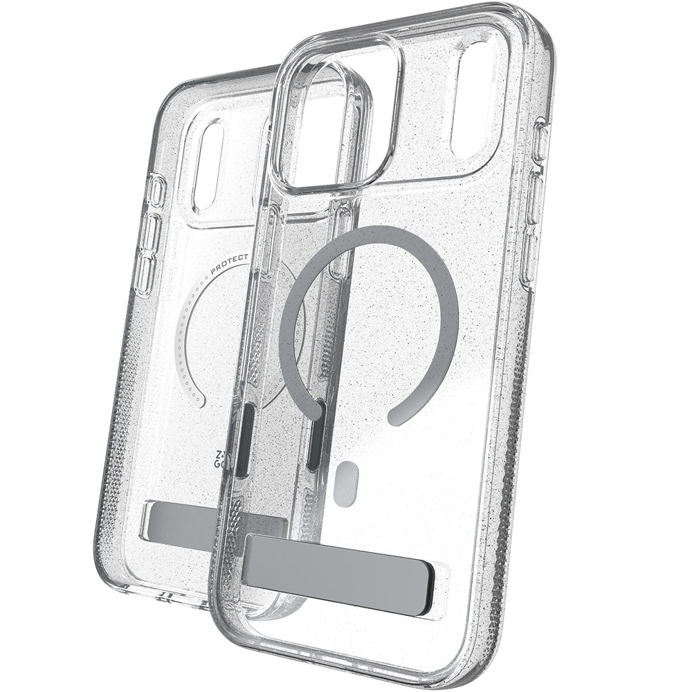 Etui ZAGG Milan Snap Kickstand do MagSafe do iPhone 18 Pro Max / 17 Pro Max, Glitter Silver (przezroczysto-srebrny z brokatem)