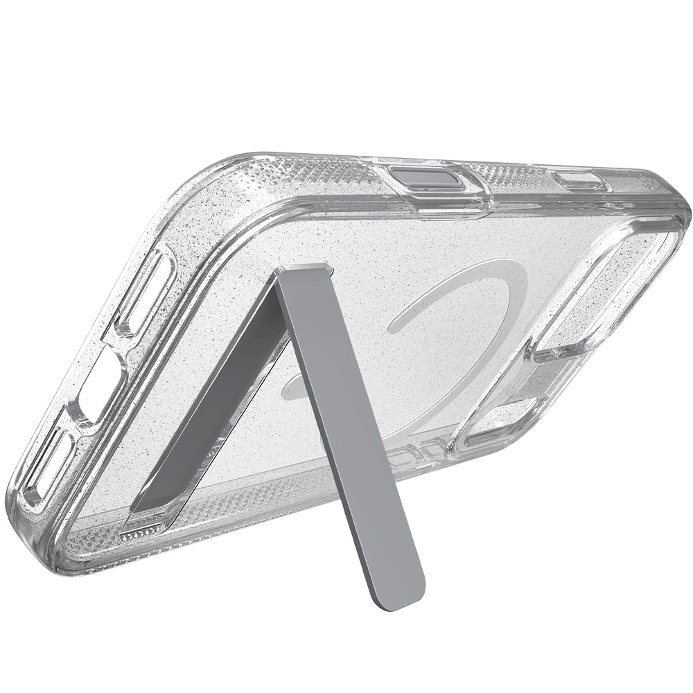 Etui ZAGG Milan Snap Kickstand do MagSafe do iPhone 18 Pro Max / 17 Pro Max, Glitter Silver (przezroczysto-srebrny z brokatem)