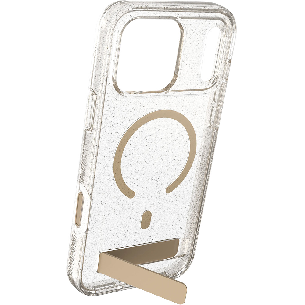 Etui ZAGG Milan Snap Kickstand do MagSafe do iPhone 18 Pro Max / 17 Pro Max, Glitter Gold (przezroczysto-złoty z brokatem)