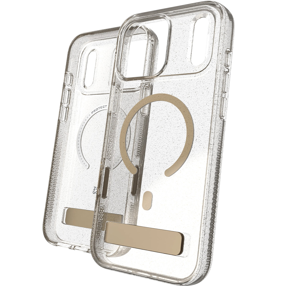 Etui ZAGG Milan Snap Kickstand do MagSafe do iPhone 18 Pro / 17 Pro, Glitter Gold (przezroczysto-złoty z brokatem)
