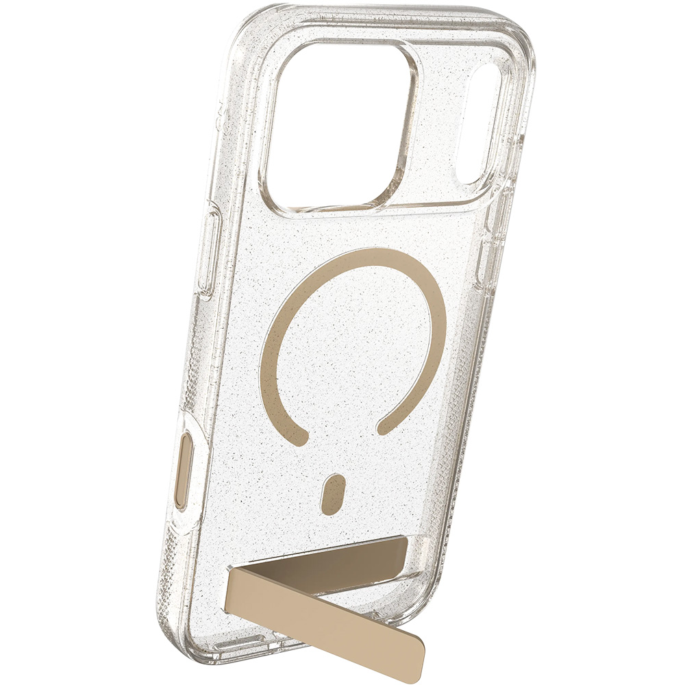 Etui ZAGG Milan Snap Kickstand do MagSafe do iPhone 18 Pro / 17 Pro, Glitter Gold (przezroczysto-złoty z brokatem)