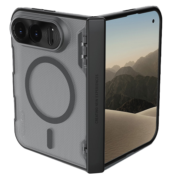 Etui Nillkin Super Frosted Shield Fold Magnetic do iPhone Duo, Black (przydymiony z czarna ramką)