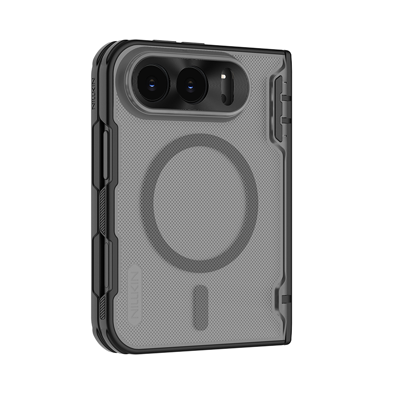 Etui Nillkin Super Frosted Shield Fold Magnetic do iPhone Duo, Black (przydymiony z czarna ramką)