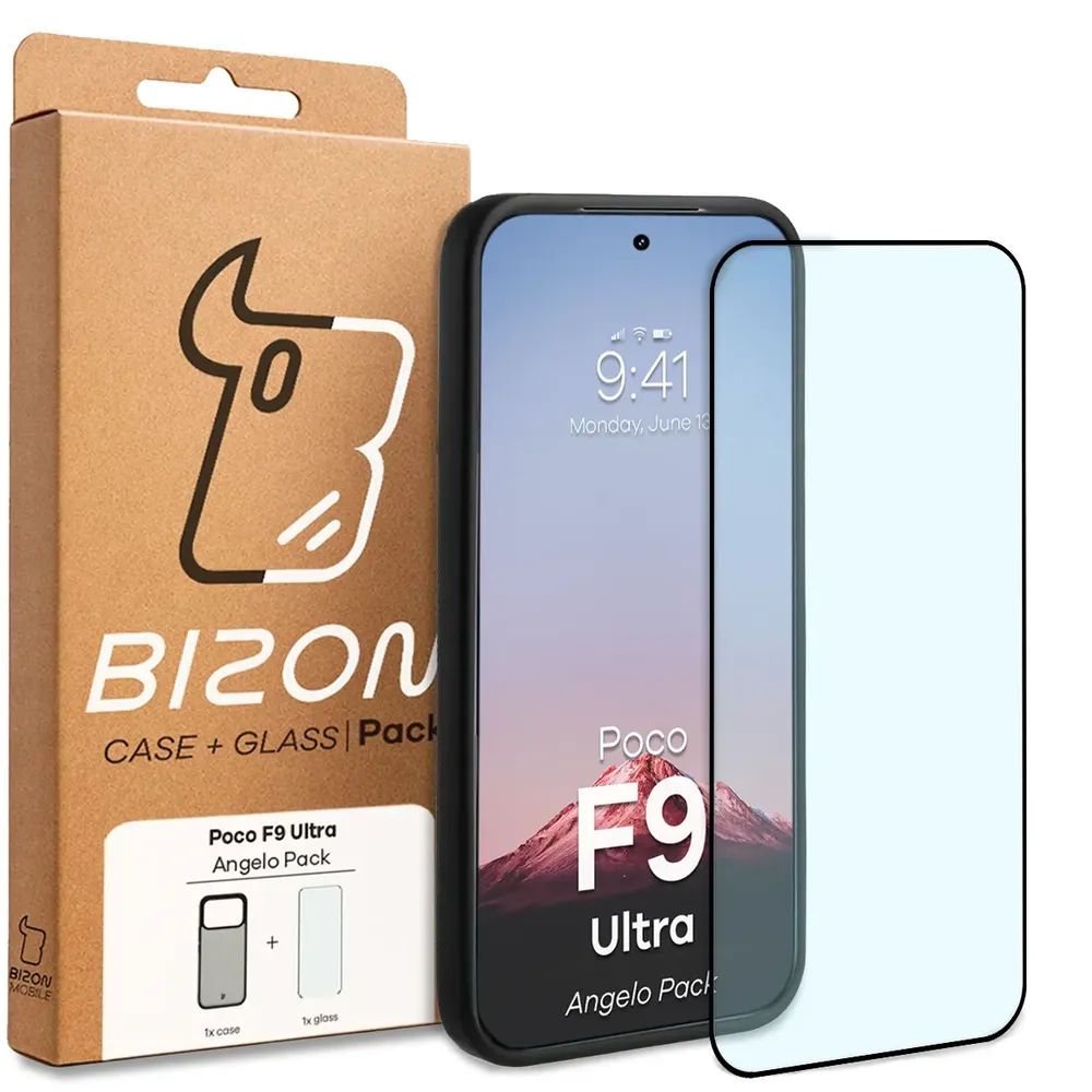 Przód pudełka Bizon Case Angelo Pack z dedykowaną etykietą do Xiaomi POCO F9 Ultra