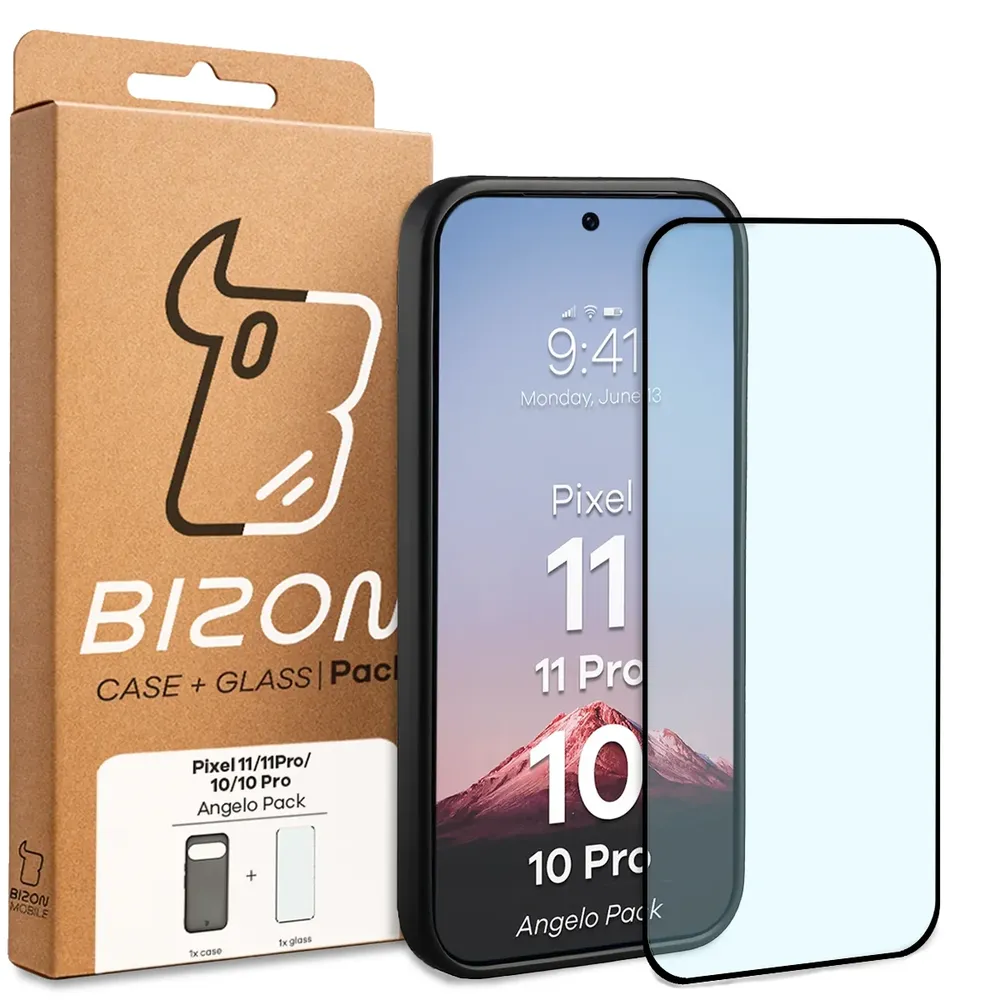 Przód pudełka Bizon Case Angelo Pack z dedykowaną etykietą do Google Pixel 10 Pro / Google Pixel 10, Google Pixel 11 Pro / Google Pixel 11