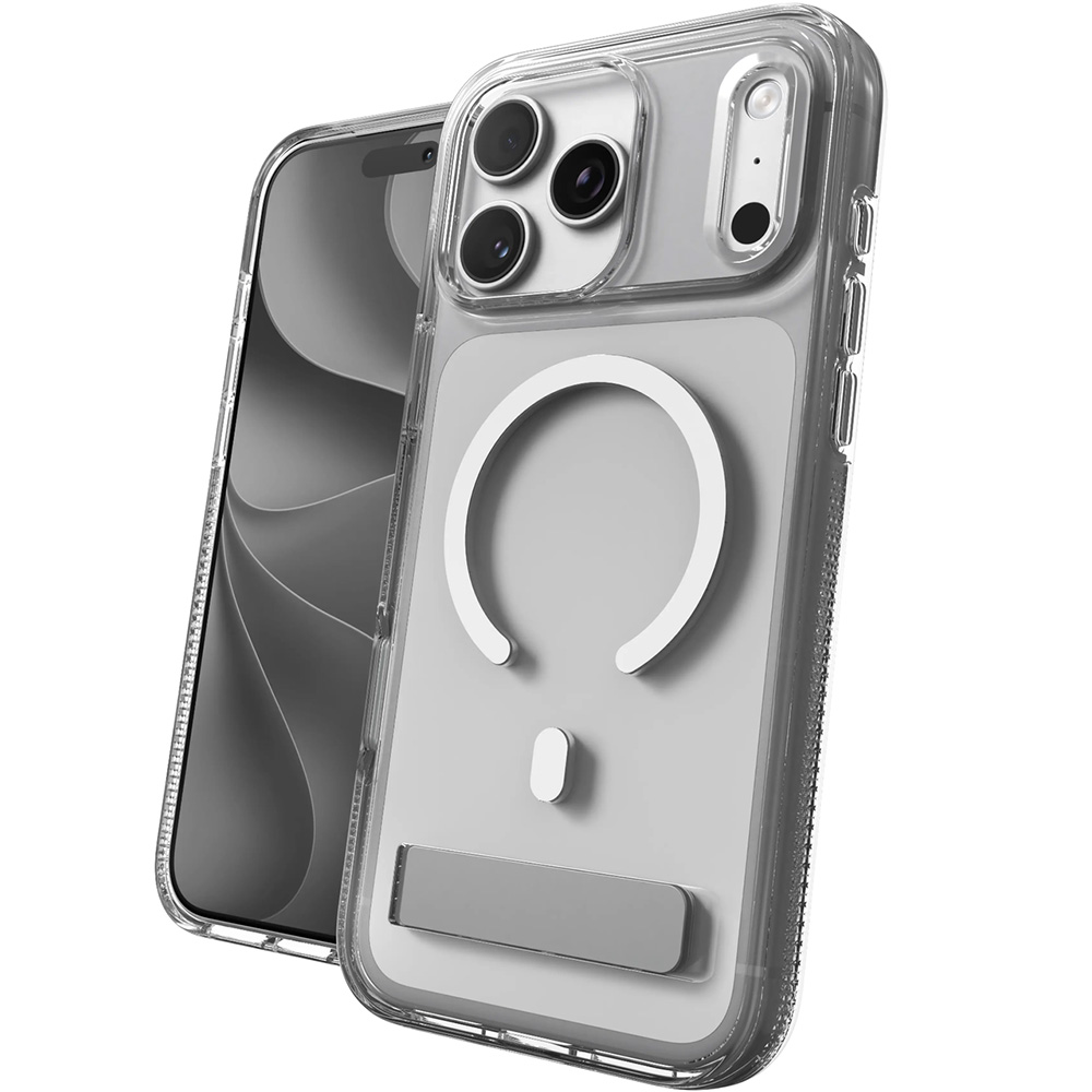 Etui ZAGG Crystal Palace Snap Kickstand do MagSafe do iPhone 18 Pro / 17 Pro, Clear (przezroczysty z białym pierścieniem magnetycznym)