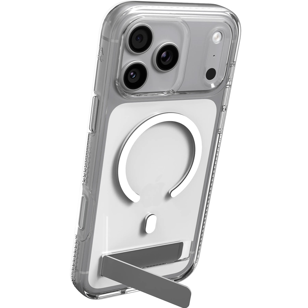 Etui ZAGG Crystal Palace Snap Kickstand do MagSafe do iPhone 18 Pro / 17 Pro, Clear (przezroczysty z białym pierścieniem magnetycznym)