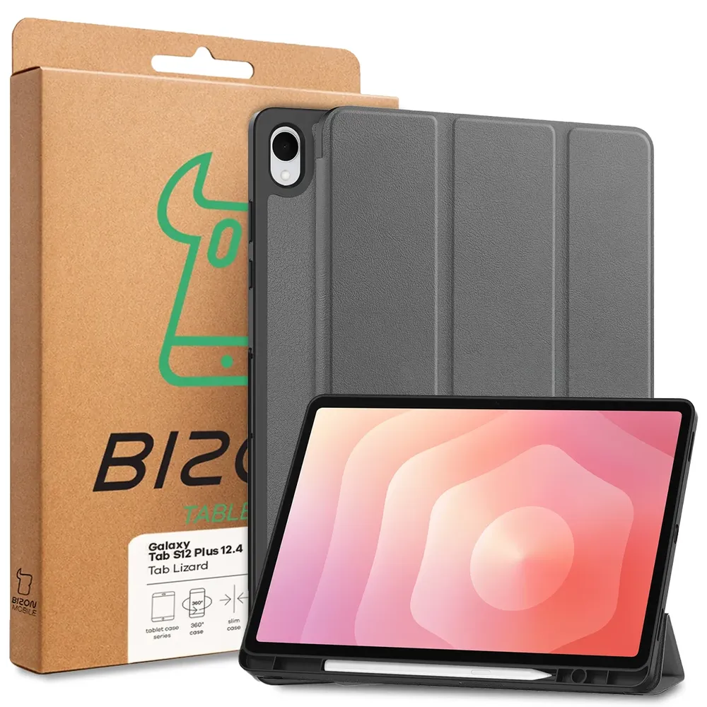 Przód pudełka Bizon Case z dedykowaną etykietą do Galaxy Tab S12 Plus